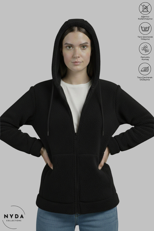 Women's Long Sleeve Winter Plush Fabric Hooded Kangaroo Pocket Zipper Jacket
