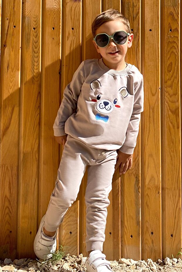 Baby Boy Tracksuit Set Happy Puppy Embroidered 9 Months-3 Years, Mink