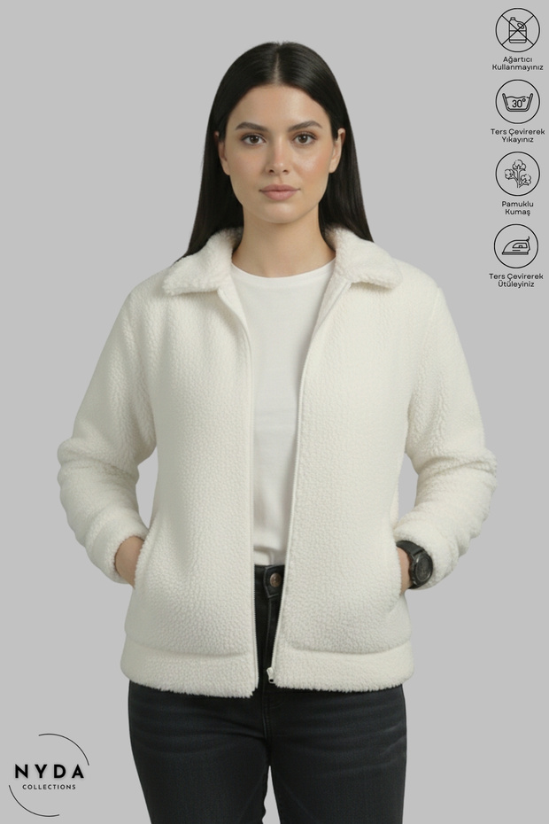 Women's Long Sleeve Winter Plush Fabric Polo Neck Zipper Jacket