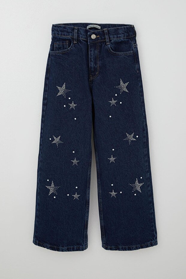 Girl's Jeans with Rhinestone Star Accessories, Ages 10-14, Dark Blue