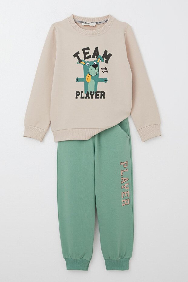 Boy's Tracksuit Set Player Puppy Printed 1-4 Years Old, Beige