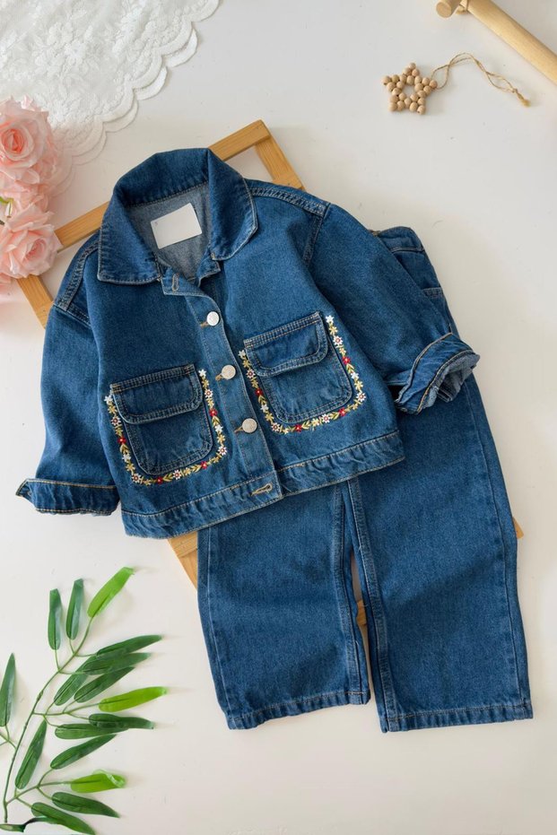 My Little One's Cicileri Pocket Floral Embroidery Detailed Girl's Denim Jeans 2-Piece Set - Dark Blue