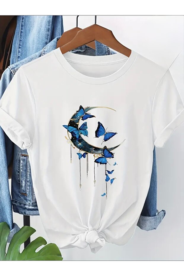 Oversized Crew Neck T-Shirt with Butterfly and Moon Print