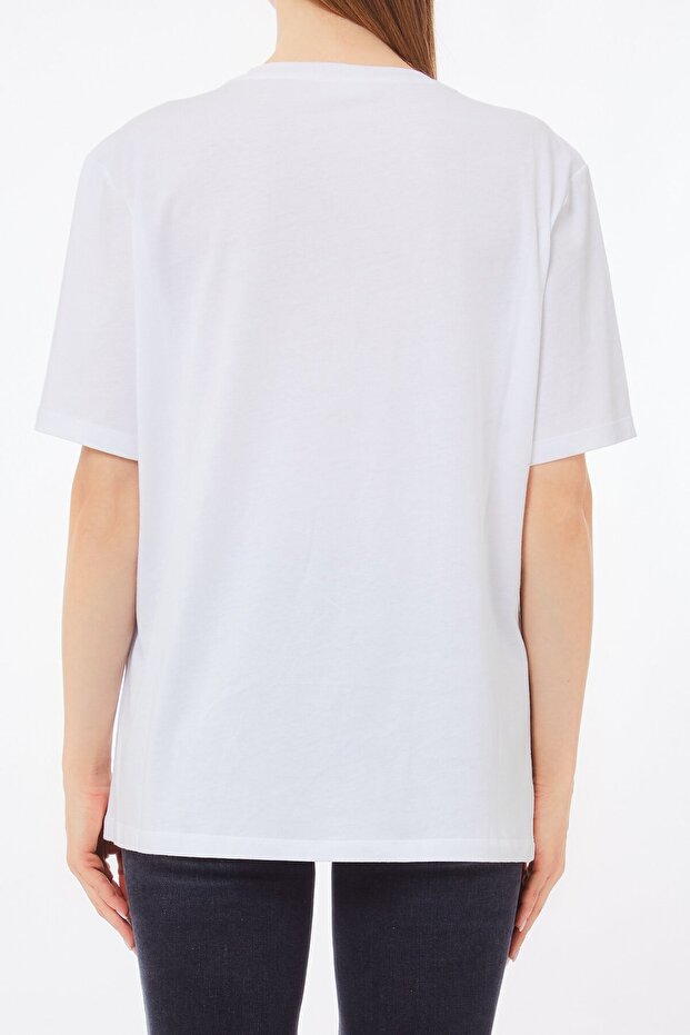 Beyaz V Yaka Taşlı Bol T-shirt - 2