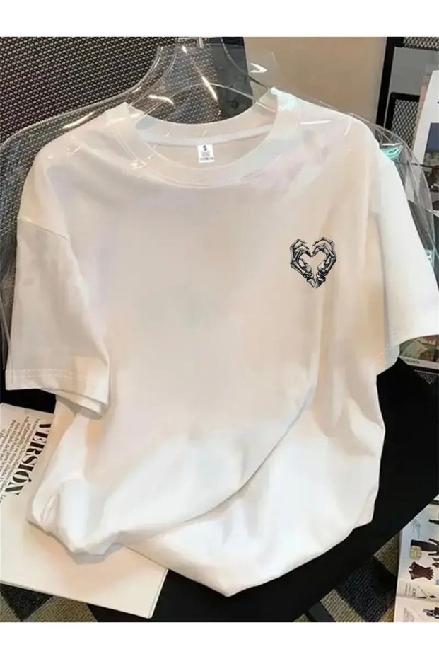 Heart Skeleton Hand Printed Oversize Circular Neck T-Shirt