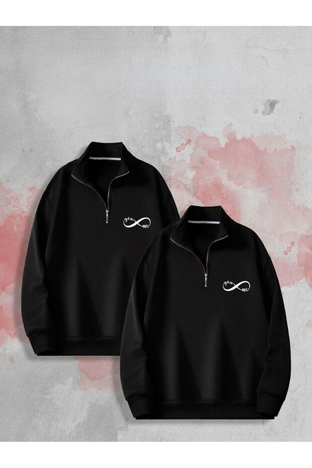 Infinity Printed 3 Thread Half Zip D Mock Neck Valentine's Day Special Binary Couple Sweatshirt