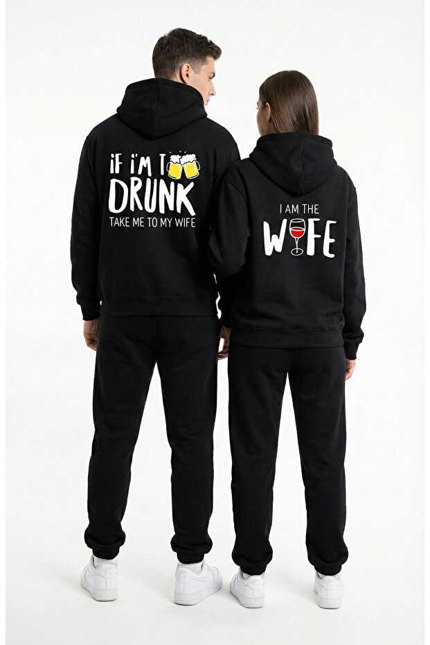 Unisex Black Humorous Text Printed Lover Combination Oversized Hoodie Set