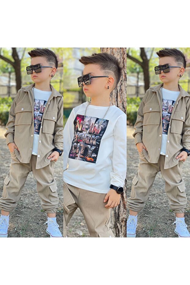 Boys' Oversized Shirt and Jacket 3-Piece Set - Ribbed Fadife Fabric - Printed Bodysuit