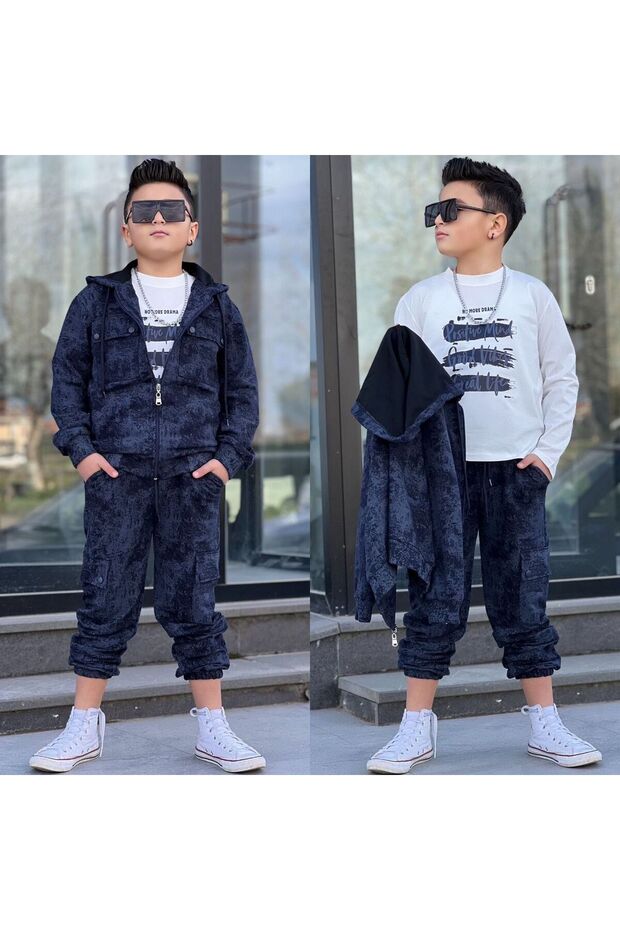 Boy's Pocket Detailed 100% Cotton 3-Piece Tracksuit Set - Hooded - Jacquard Camouflage Patterned Set
