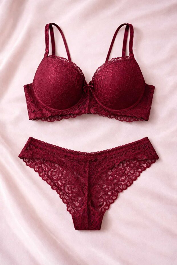 Women's Intense Padded Push-Up Ruched Balconette Bra and Panty Set Bordo