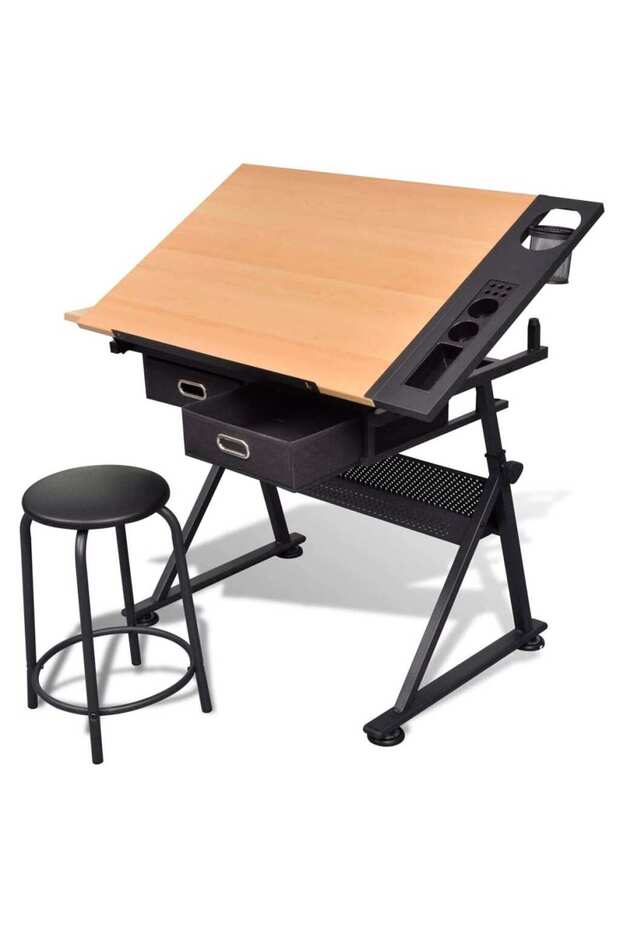 Two Drawers Tiltable Tabletop Drawing Table with Stool