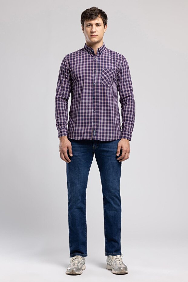 Pired 1 men's long sleeve plaid shirt navy blue burgundy