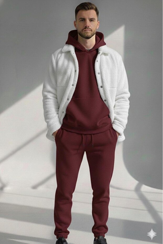 Men's Burgundy-White 3-Piece Hooded Sweat Tracksuit Bottom Plush Jacket Set