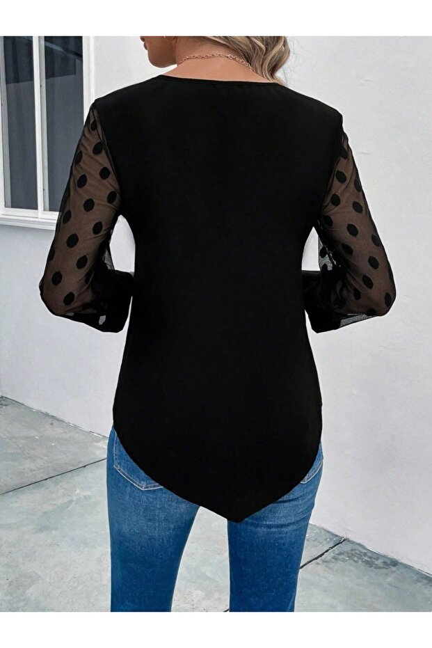 Women's Long Sleeve Buttoned Collar Viscose Blouse with Tulle Detail on the Sleeves