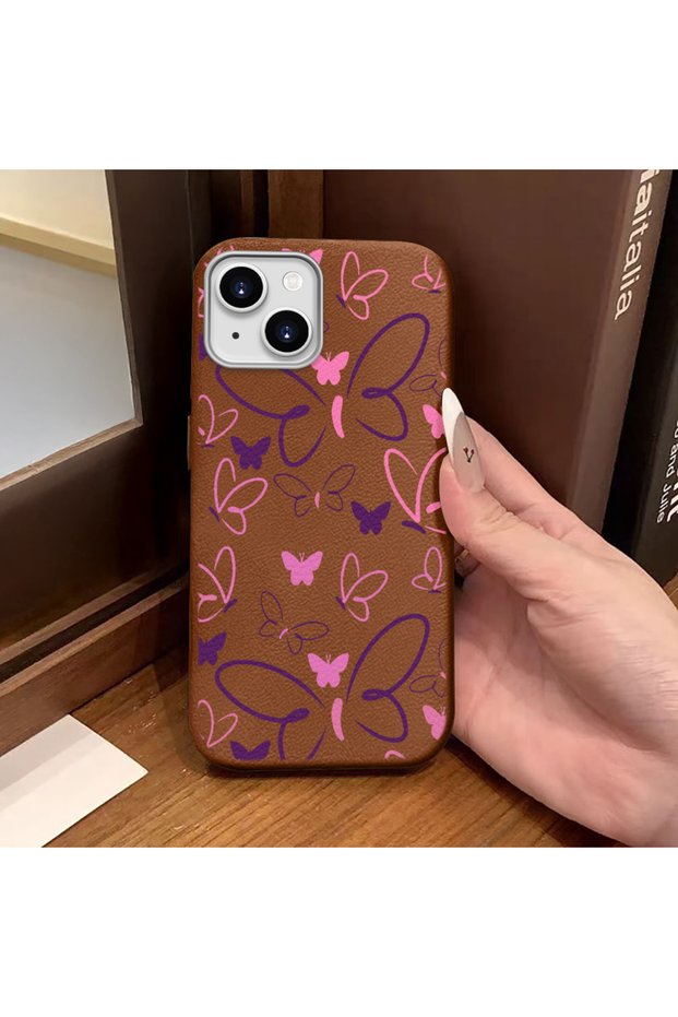 iPhone 14 Plus/15 Plus Compatible Brown Leather Textured Silicone Protects Camera Shock-Absorbing Case Butterfly