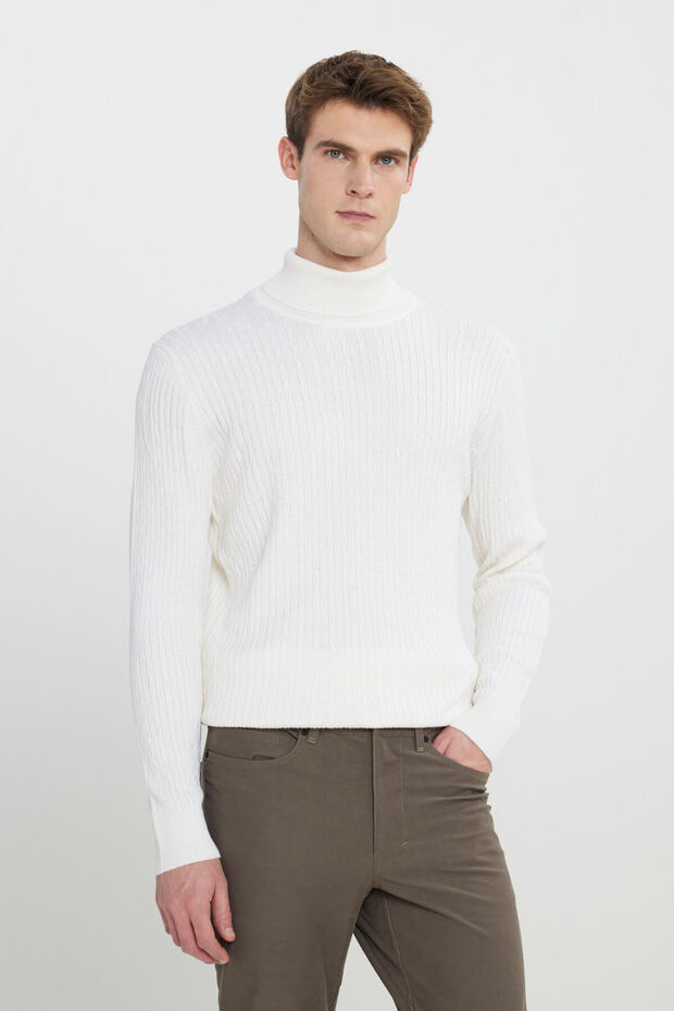 Men's Ecru Wool Warm Standard Fit Regular Cut Hair Knit Patterned Knitwear Sweater