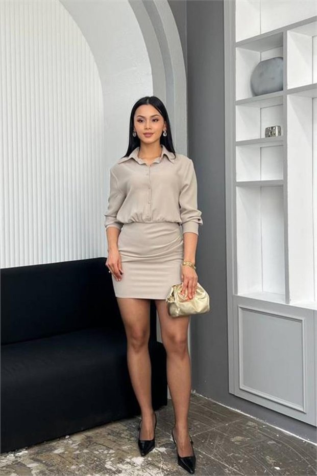 Women Beige Shirt Collar Skirt Draped Mini Length Button Detailed Dress Nbmy3869