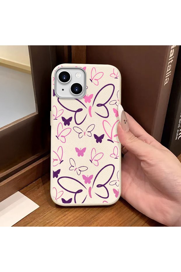 iPhone 14 Plus/15 Plus Compatible White Leather Textured Silicone Protects Camera Shock-Absorbing Case Butterfly