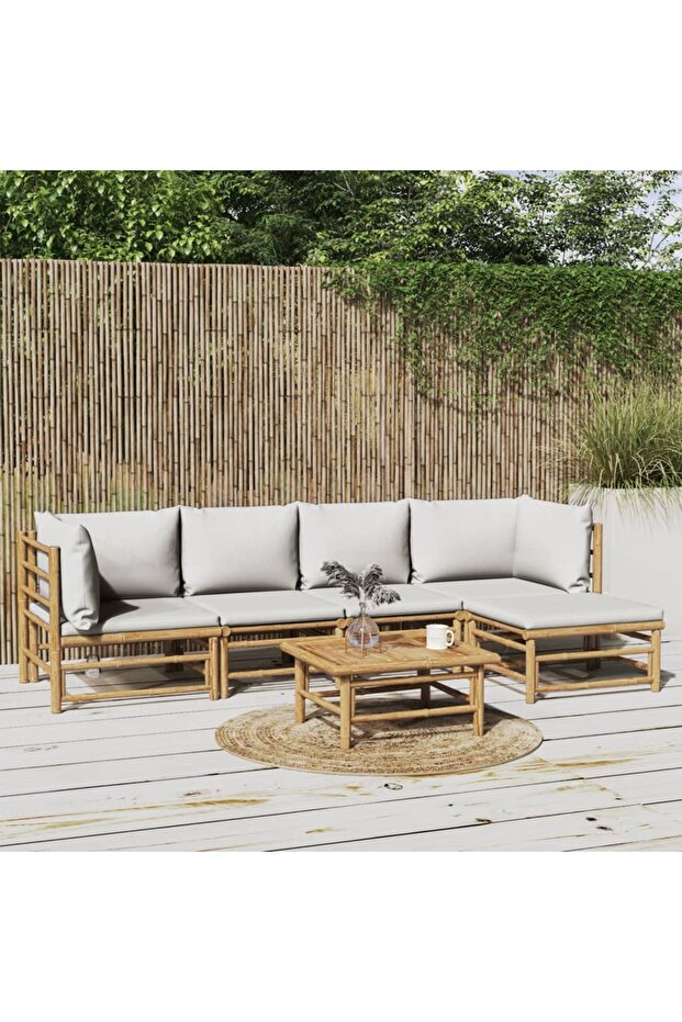 6 Piece Garden Lounge Set with Light Grey Cushions Bamboo