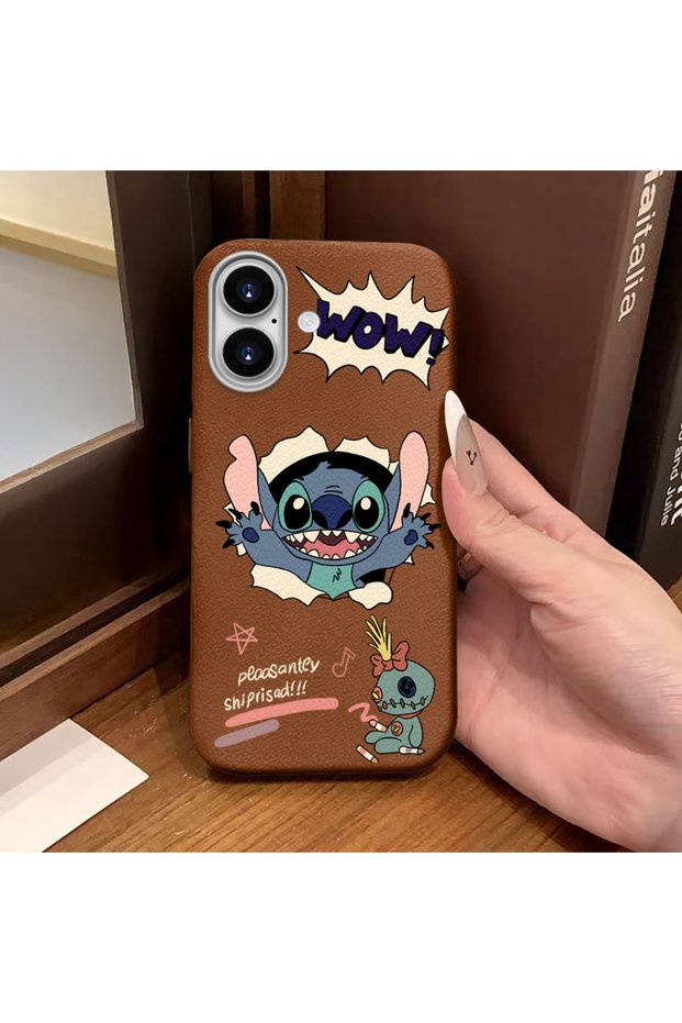 iPhone 16 Compatible Brown Leather Textured Silicone Protects Camera Shock-Absorbing Case Stitch