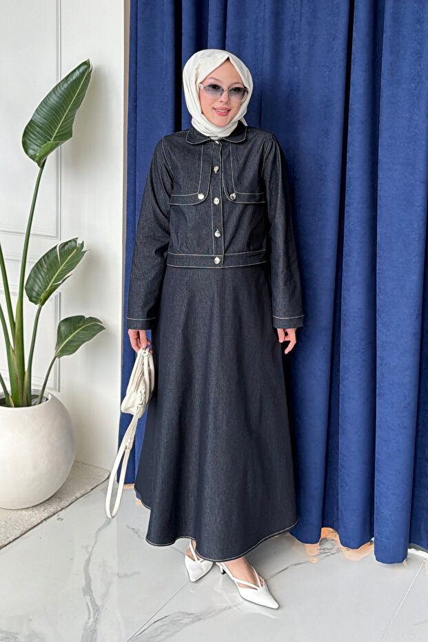 Hola Denim Jacket Skirt Hijab Set - Navy Blue