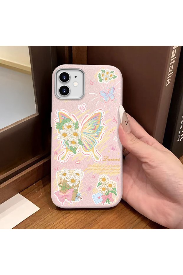 iPhone 12/12 Pro Compatible Pink Leather Textured Silicone Protects Camera Shock-Absorbing Case Butterfly