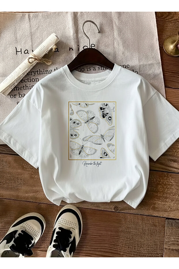 Women's Gold Framed Butterfly Patterned White T-Shirt