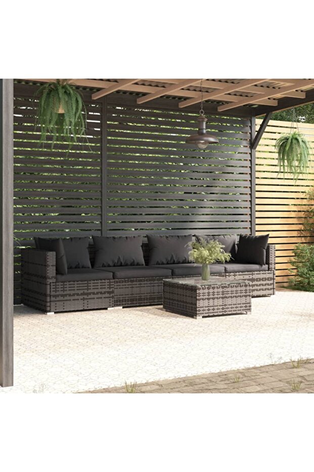 5 Piece Garden Lounge Set with Cushions Poly Rattan Grey