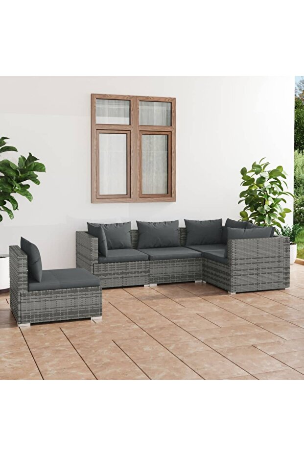 5 Piece Garden Lounge Set with Cushions Poly Rattan Grey