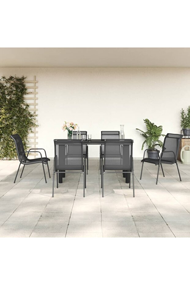 7 Piece Garden Dining Set Black Steel and Textilene
