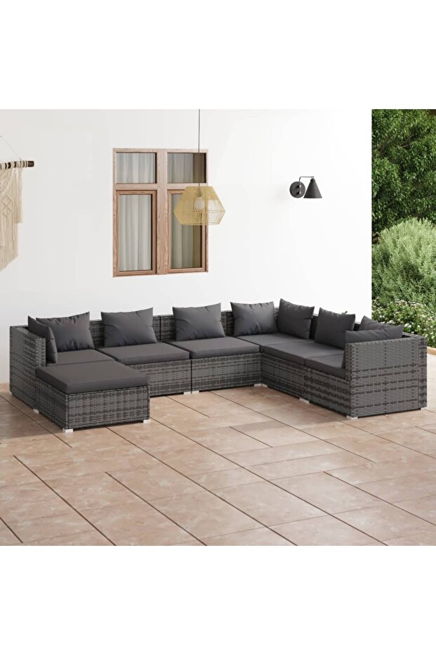 7 Piece Garden Lounge Set with Cushions Poly Rattan Grey