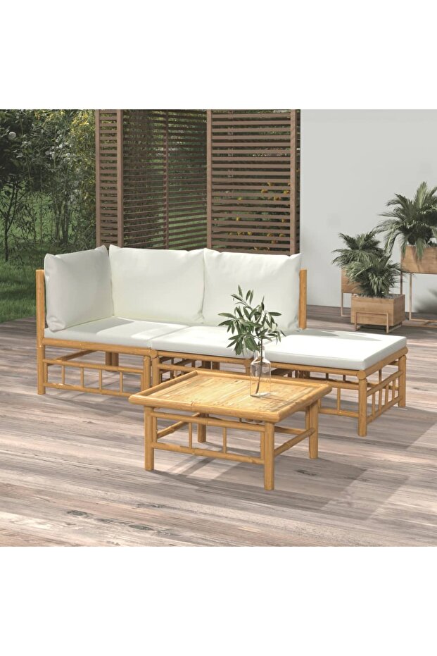 4 Piece Garden Lounge Set with Cream White Cushions Bamboo