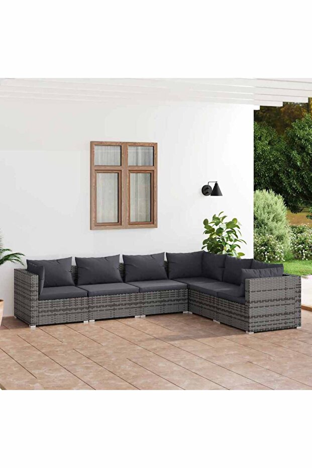 6 Piece Garden Lounge Set with Cushions Poly Rattan Grey