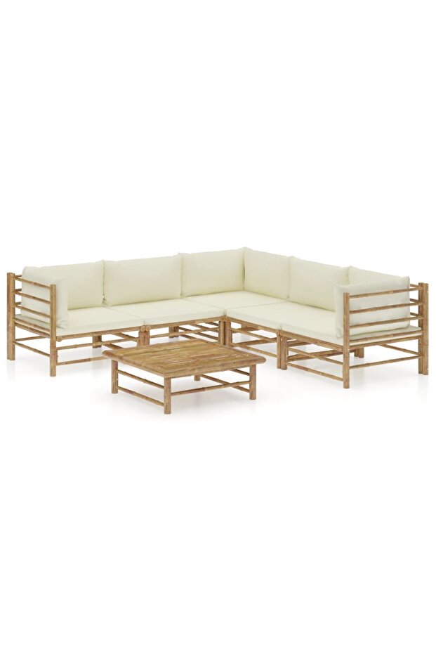 6 Piece Garden Lounge Set with Cream White Cushions Bamboo