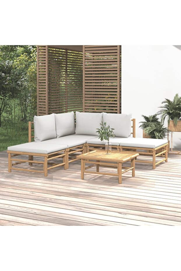 6 Piece Garden Lounge Set with Light Grey Cushions Bamboo