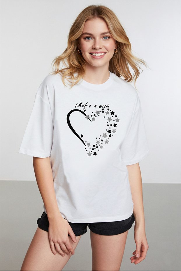 Women's Sparkling Star Detailed Crew Neck White T-Shirt