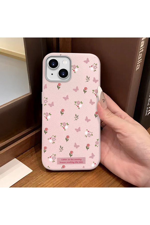 iPhone 13/14 Compatible Pink Leather Textured Silicone Protects Camera Shock-Absorbing Case Flower