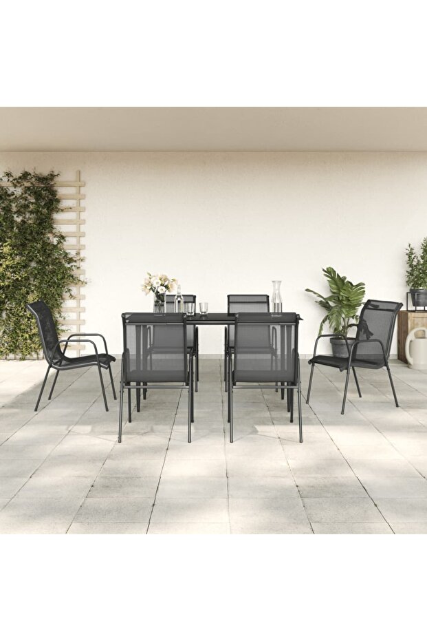 7 Piece Garden Dining Set Black Steel and Textilene