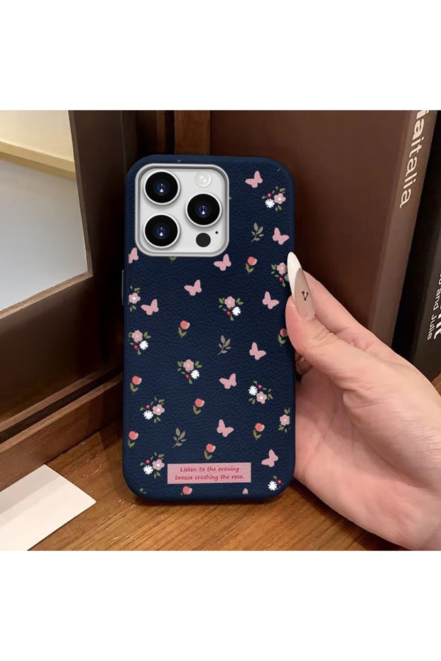 iPhone 14 Pro Compatible Blue Leather Textured Silicone Protects Camera Shock-Absorbing Case Flower