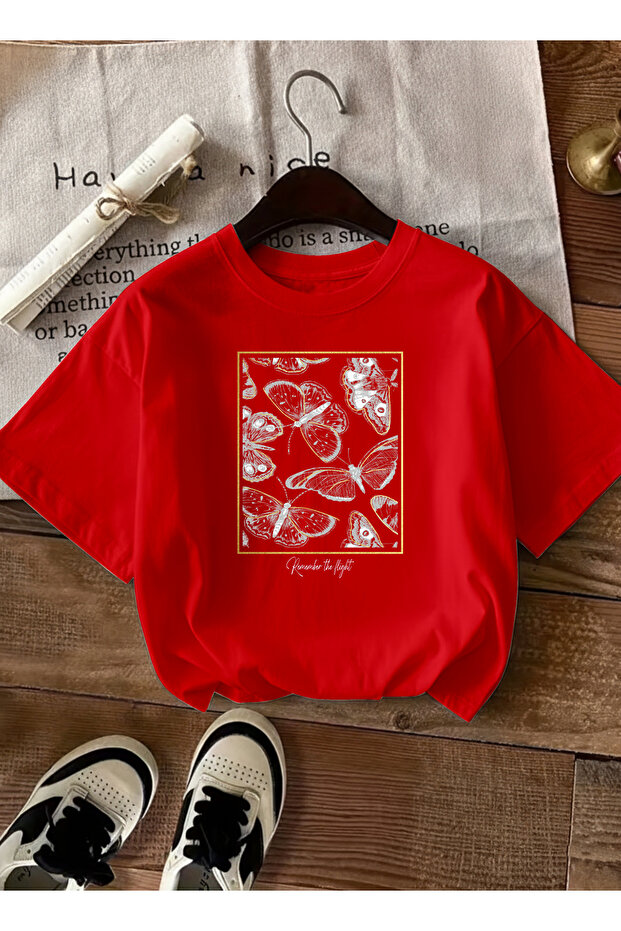 Women's Gold Framed Butterfly Patterned Red T-Shirt