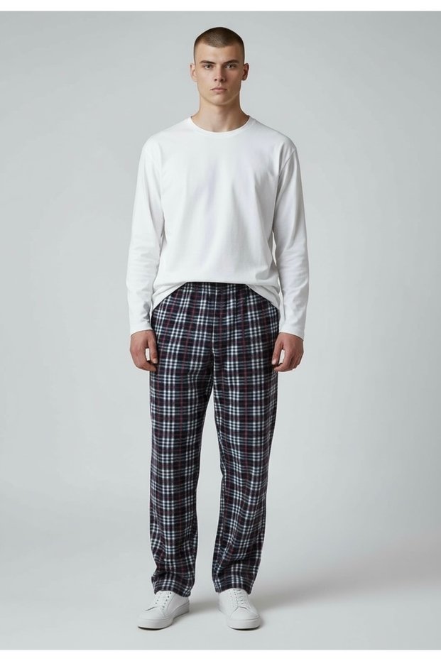 Men's Plaid Pattern Winter Fleece Single Bottom