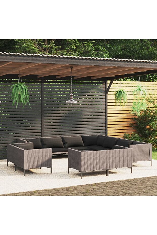 11 Piece Garden Lounge Set with Cushions Poly Rattan Dark Grey