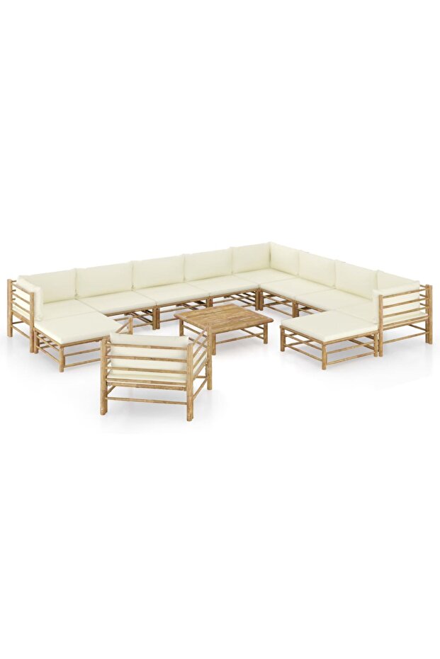 12 Piece Garden Lounge Set with Cream White Cushions Bamboo