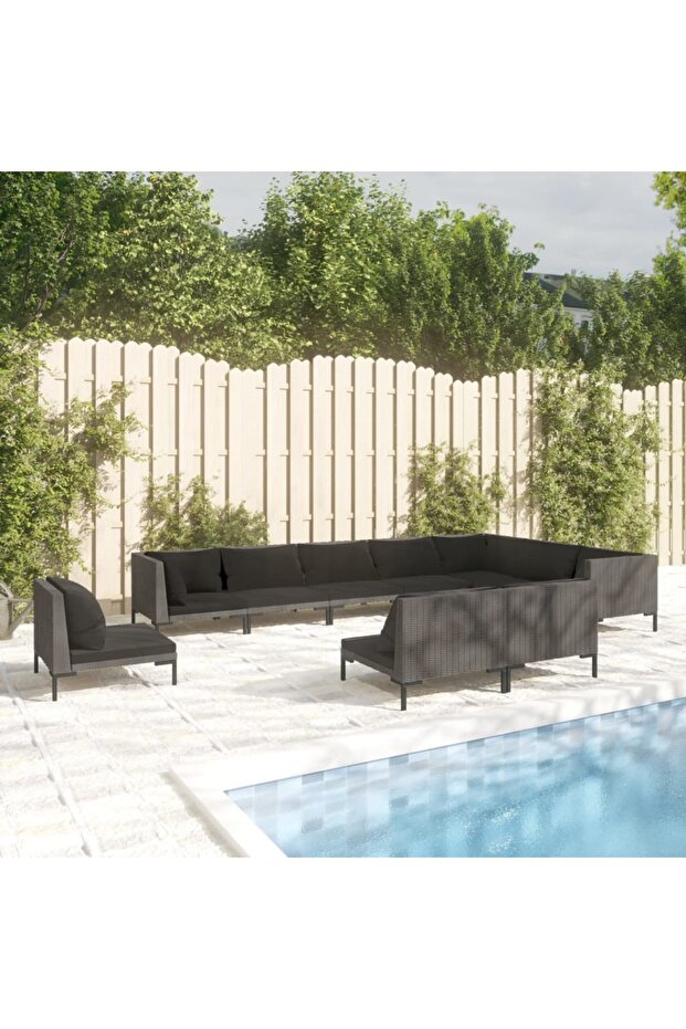 10 Piece Garden Lounge Set with Cushions Poly Rattan Dark Grey