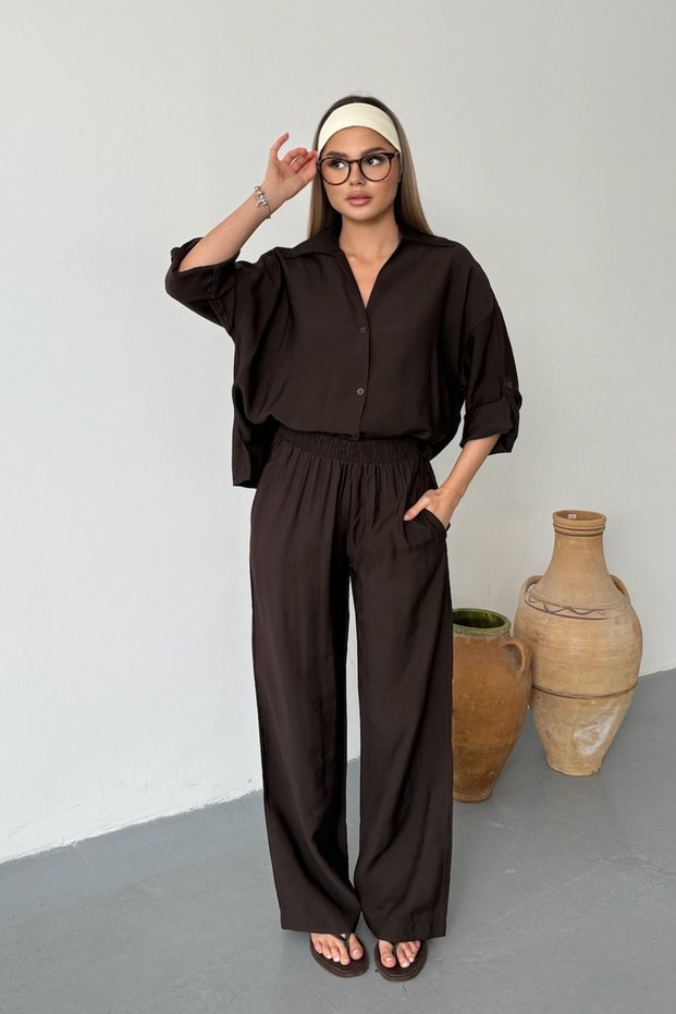 Women's Sleeve Fold Detailed Shirt Trouser Set Brown - 26Y 251024