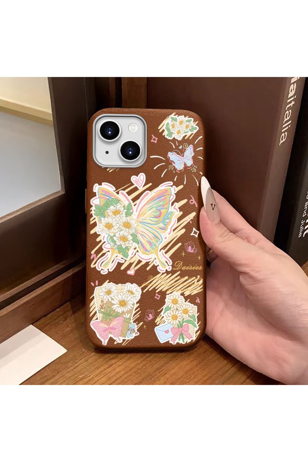 iPhone 14 Plus/15 Plus Compatible Brown Leather Textured Silicone Protects Camera Shock-Absorbing Case Butterfly