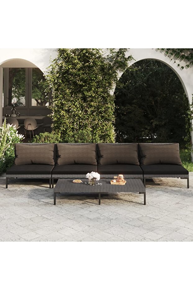 5 Piece Garden Lounge Set with Cushions Poly Rattan Dark Grey