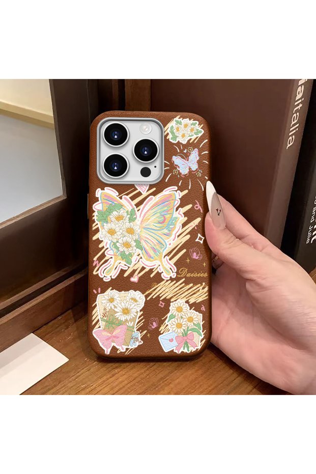 iPhone 16 Pro Compatible Brown Leather Textured Silicone Protects Camera Shock-Absorbing Case Butterfly