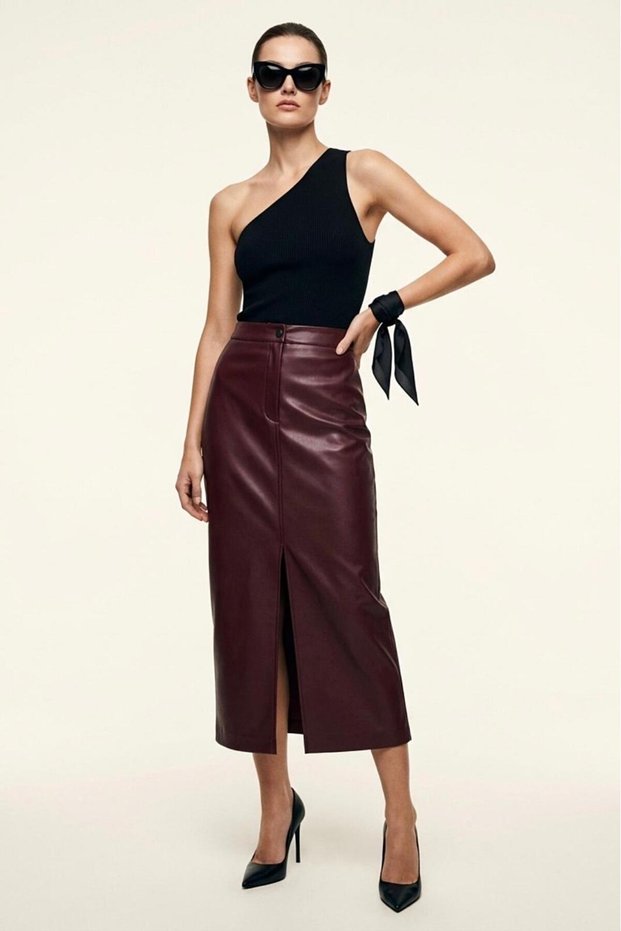 Burgundy Slit Faux Leather High-Waist Maxi Skirt