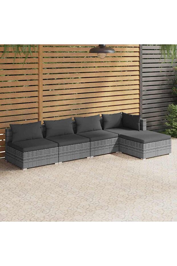 5 Piece Garden Lounge Set with Cushions Poly Rattan Grey